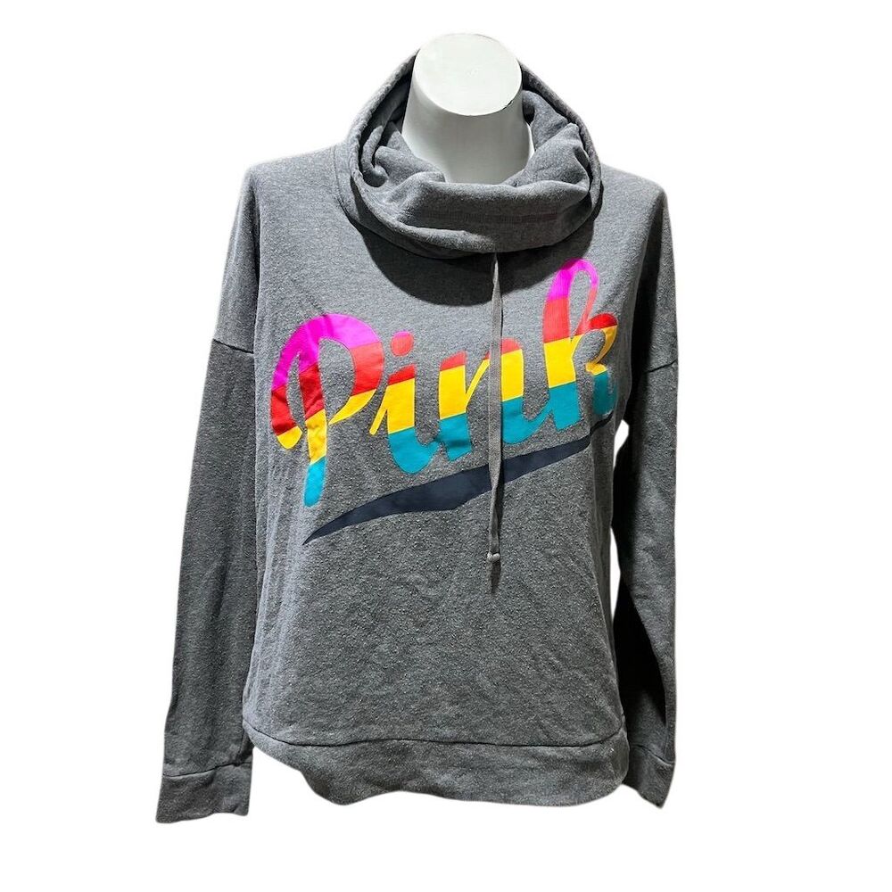 Victoria's Secret PINK Women's M Gray Cowl Neck Hoodie Rainbow Logo - Picture 1 of 10